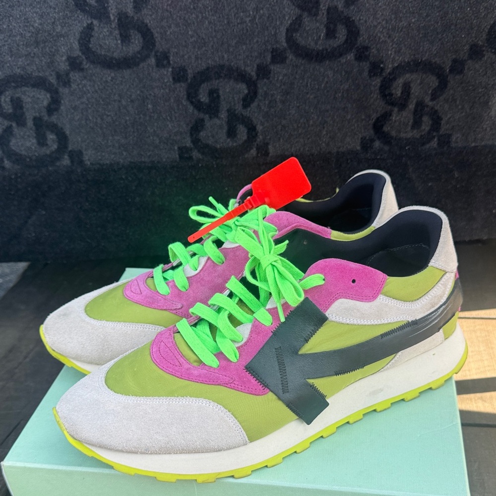 Off-White Sneakers with Neon Green and Pink Accents